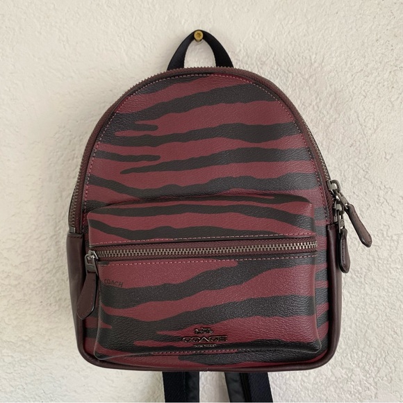 Coach Mini Charlie Backpack With Tiger Print Dark Red Black F37880 - Picture 2 of 9
